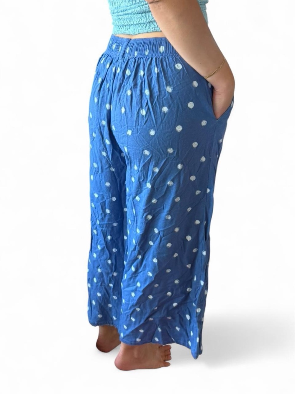 Anthropologie Blue Polka Dot Wide-Leg Pants - Picture 2 of 8